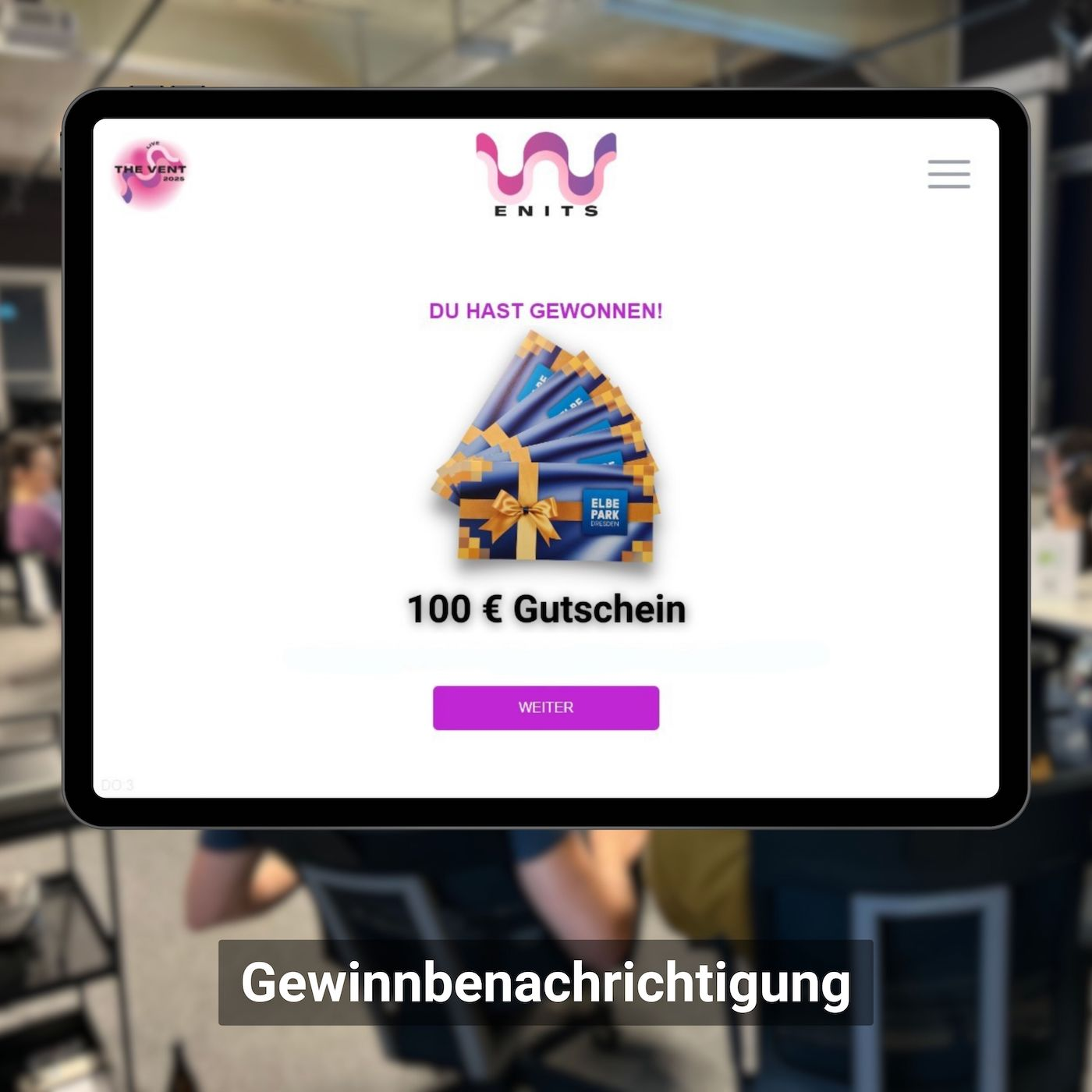 Anzeige der Gewinnbenachrichtung auf einem Tablet