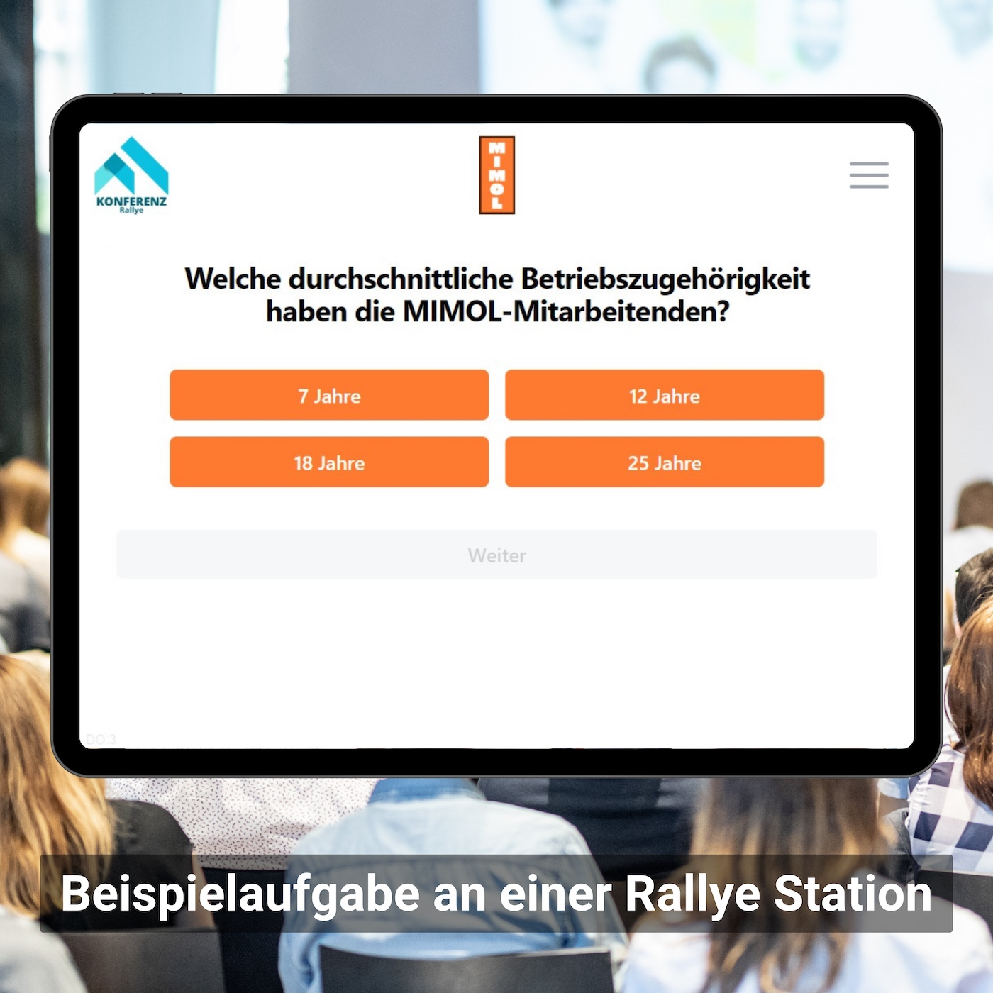 Anzeige einer Beispielaufgabe auf einem Tablet an einer Rallye-Station