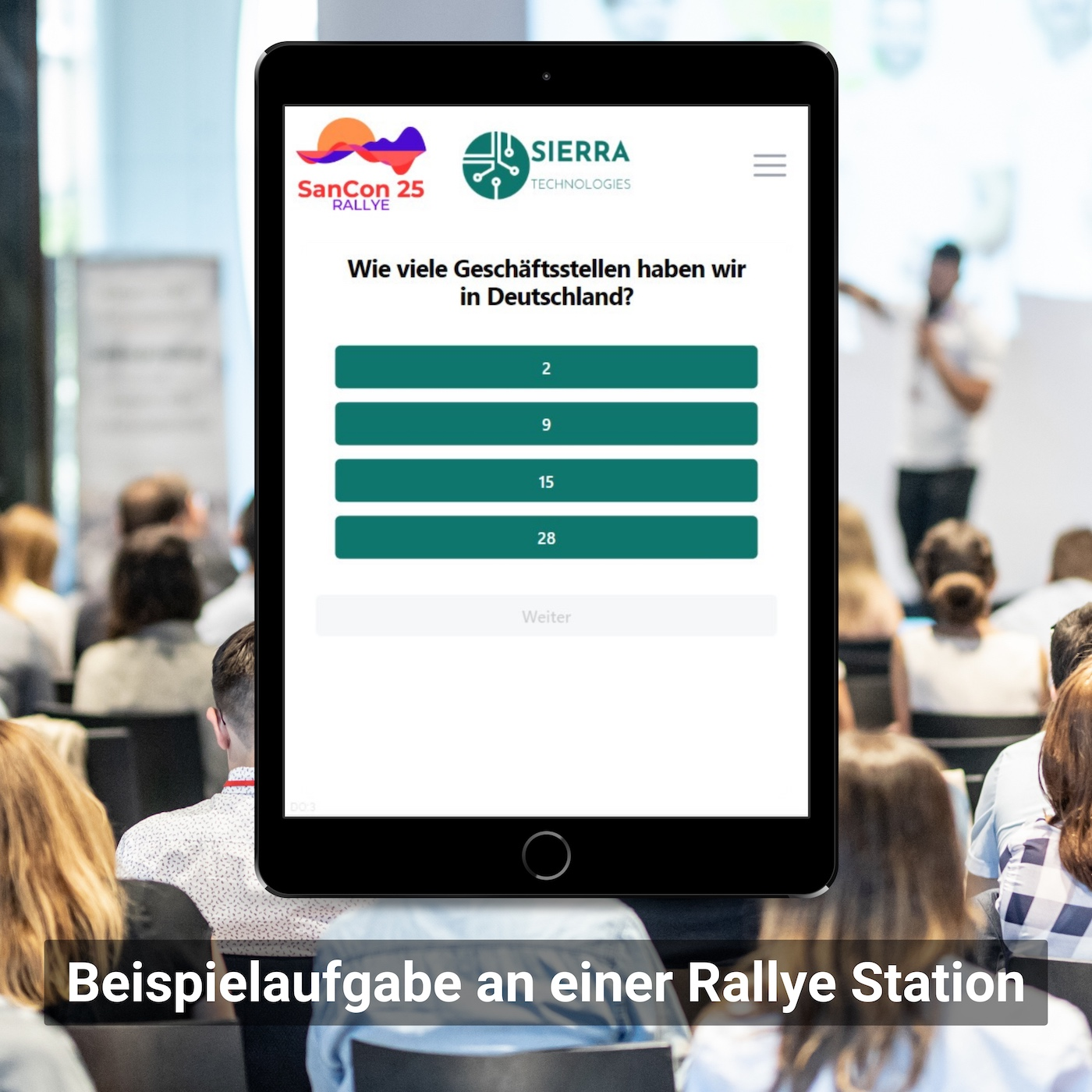 Anzeige einer Beispielaufgabe auf einem Tablet an einer Rallye-Station