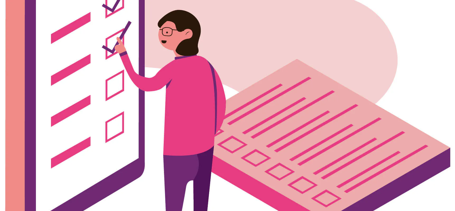 Illustration einer Person, welche Checkoboxen auf einem Smartphone anwählt
