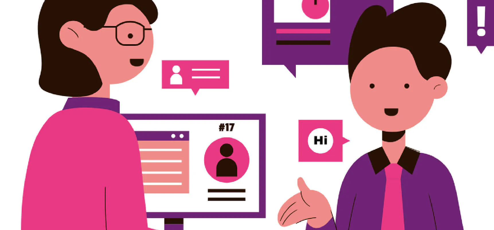 Illustration zweier Personen vor einem dunklen Hintergund, welche sich unterhalten. Umgeben von Icons, welche die verschiedenen Möglichkeiten des Engagements darstellen.