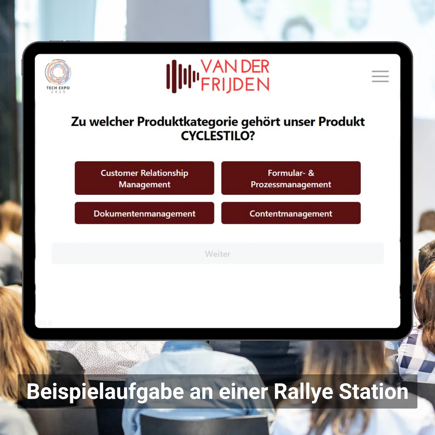 Anzeige einer Beispielaufgabe auf einem Tablet an einer Rallye-Station