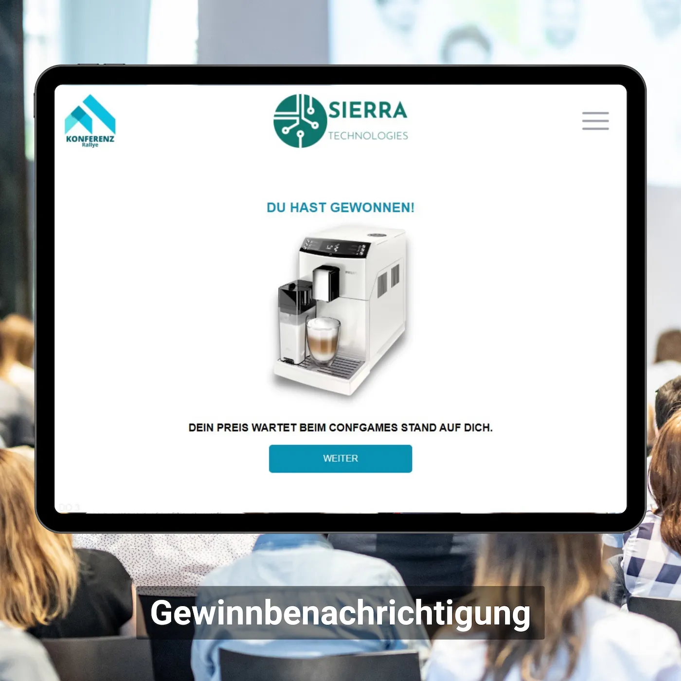 Anzeige der Gewinnbenachrichtigung auf einem Tablet an einer Rallye-Station