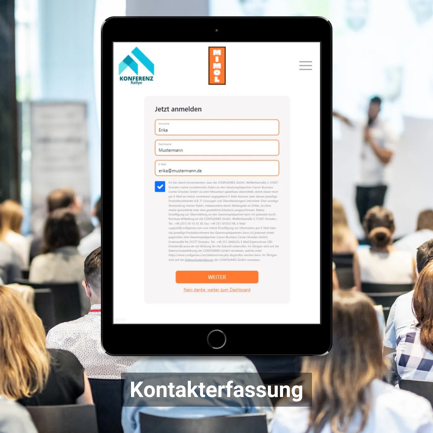 Anzeige der Kontakterfassung auf einem Tablet an einer Rallye-Station